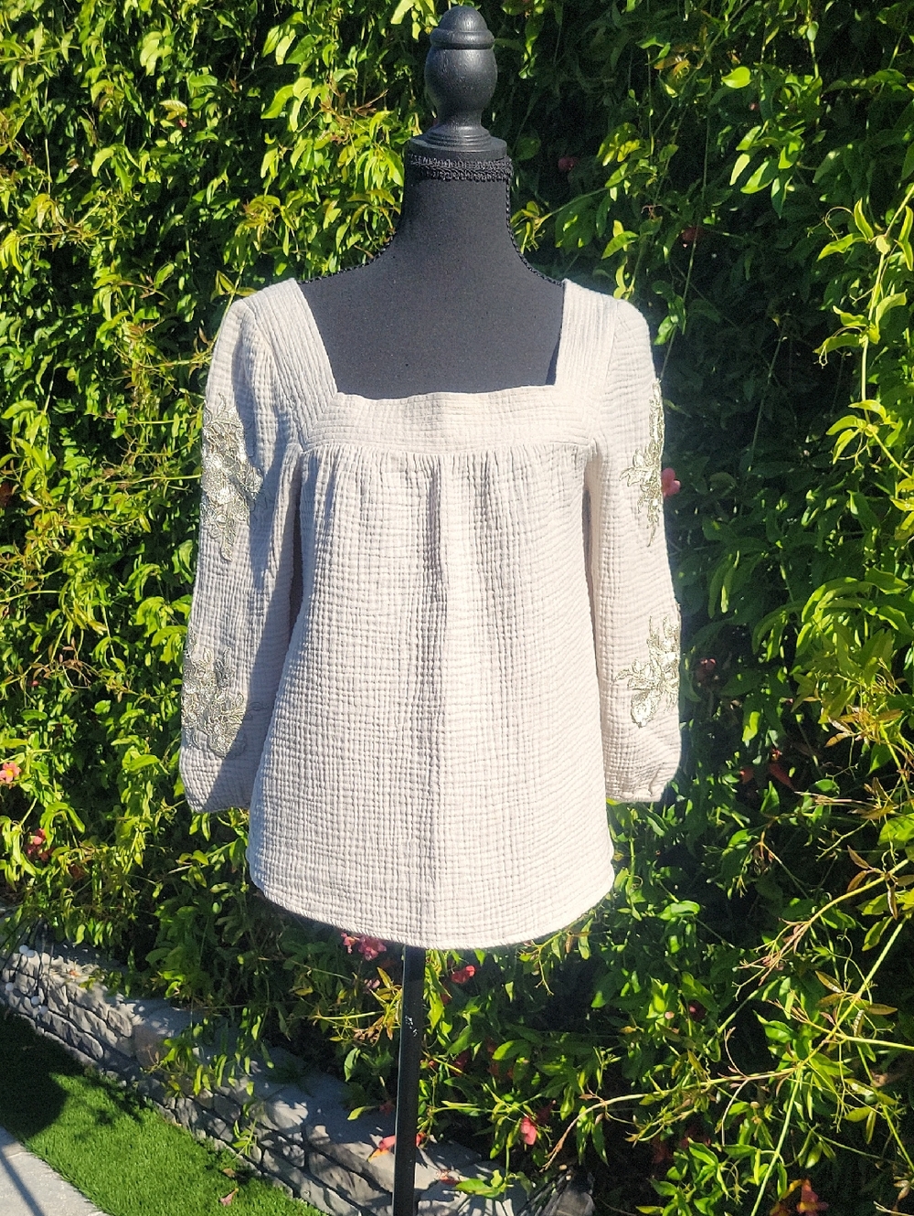 Embellished Floral Sleeve Square Neck Boho Peasant Top M